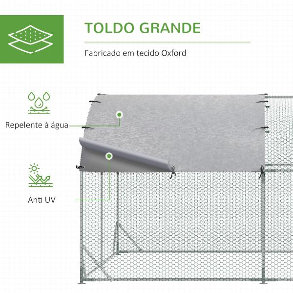 Galinheiro para Exterior para 6 - 12 Galinhas de Aço Galvanizado com Teto de Tecido Oxford 2,8x3,8x1,97m Prata