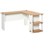 Secretária de Canto 136x130x72 cm com Prateleiras Mesa de Computador em Forma de L para Escritório Casa Branco e Madeira