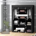Roupeiro de Tecido Dobrável com 8 Prateleiras de Armazenamento e 2 Barras de Pendurar 125x43x162,5 cm Preto
