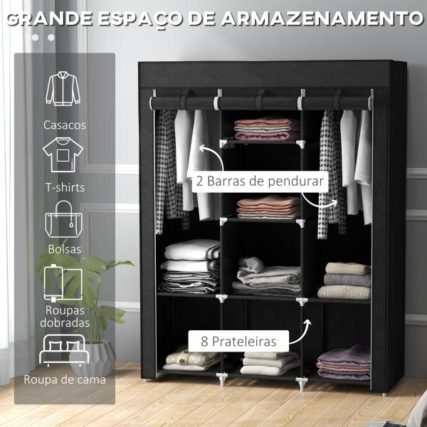 Roupeiro de Tecido Dobrável com 8 Prateleiras de Armazenamento e 2 Barras de Pendurar 125x43x162,5 cm Preto