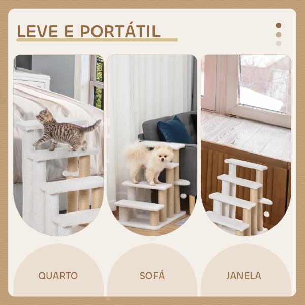 Escada para Gatos de 4 Níveis Coberta de Pelúcia Suave Poste de Juta Bola Pendurada Arranhador para Gatos 60x40x64 cm Branco