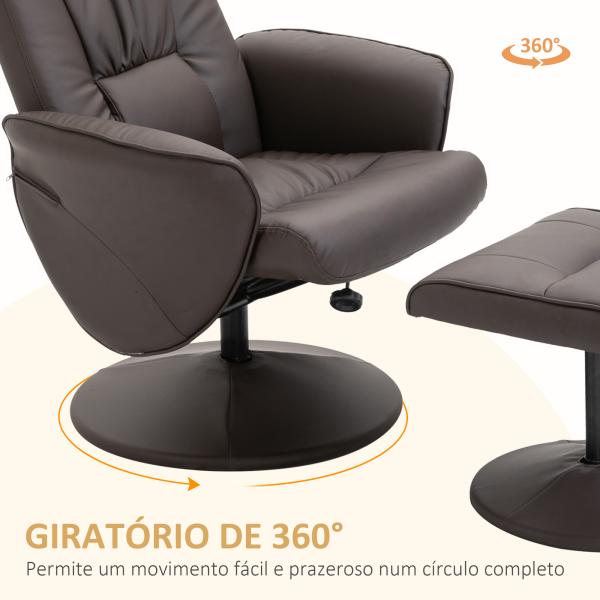 Poltrona Relax com Apoio para os Pés Estofada em PU Poltrona Relax Reclinável até 145° e Giratório 360° com Encosto Ajustável para Sala de Estar Dormitório Escritório 81x81x105cm Marrom