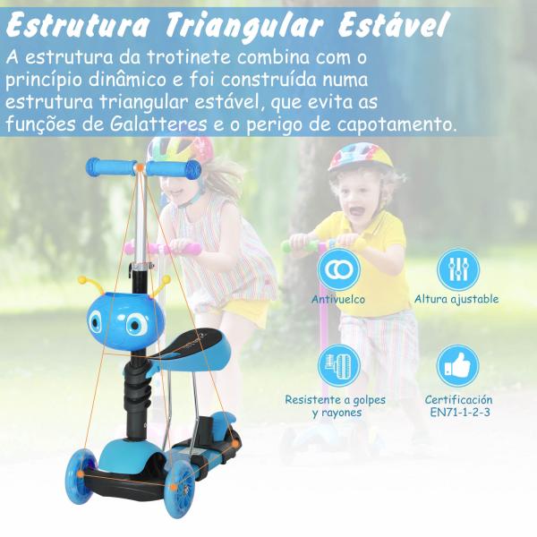 Trotinete 5 em 1 para Crianças com 3 Rodas Assento Removível e Guiador Ajustável Carga Máxima 50 kg 62x25x72,5 cm Azul