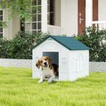 Casa para Cães 65x75,7x63 cm Casa para Cães com Janelas e Teto com Telhas de Imitação para Cães Médios Azul e Branco