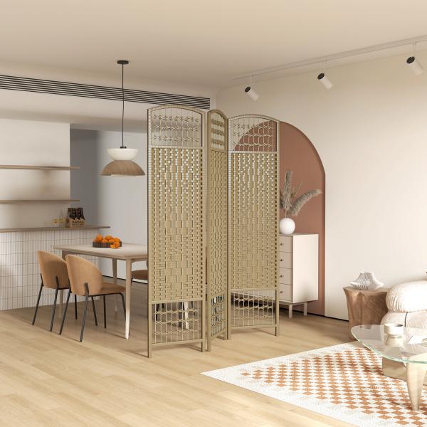 Biombo Separador de Ambientes com 3 Painéis Dobrável em Corda de Papel 120x170 cm Decoração para Quarto Madeira