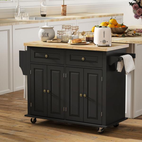 Ilha de Cozinha com Rodas 2 Gavetas 4 Portas Suporte para Temperos e Barra Lateral 111x44,5x82,5 cm Preto e Madeira