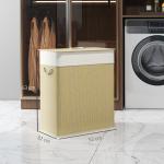 Cesto de Roupa com Tampa 100L de Bambu com 2 Compartimentos Bolsa Interior Amóvivel 52x32x63 cm Bege e Creme