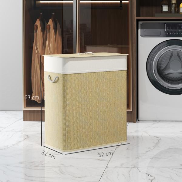 Cesto de Roupa com Tampa 100L de Bambu com 2 Compartimentos Bolsa Interior Amóvivel 52x32x63 cm Bege e Creme