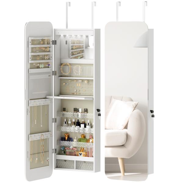 Espelho para Joias com Luz LED Montado na Parede ou na Porta com Fechadura Espelho de Corpo Inteiro 2 Gavetas Branco