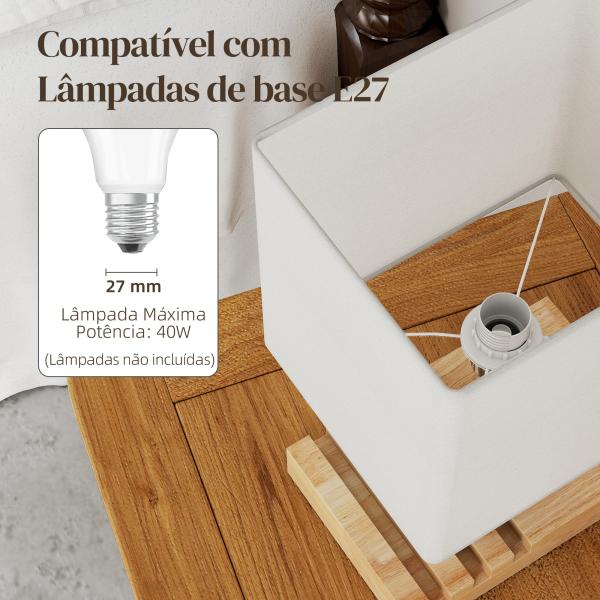 Candeeiro de Mesa com Portas USB - A/C Três Ranhuras para Telemóveis Base de Madeira e Ecrã de Tecido E27 40W 25x20x40,5 cm Branco