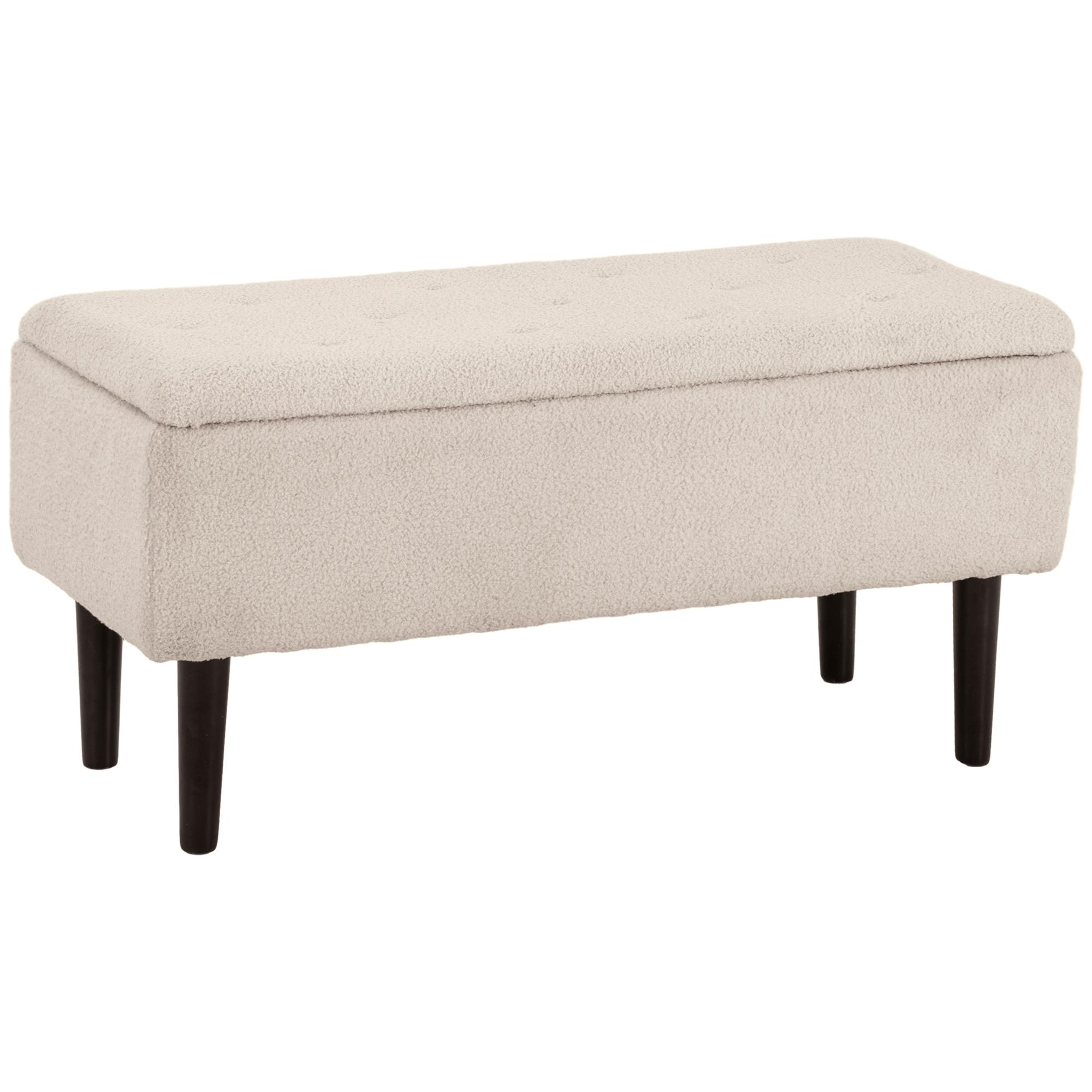Banco de Armazenamento em Borrego Capacidade 47L Tampa Abatível e Pés de Madeira de Borracha Carga 120 kg 95x38x45 cm Bege
