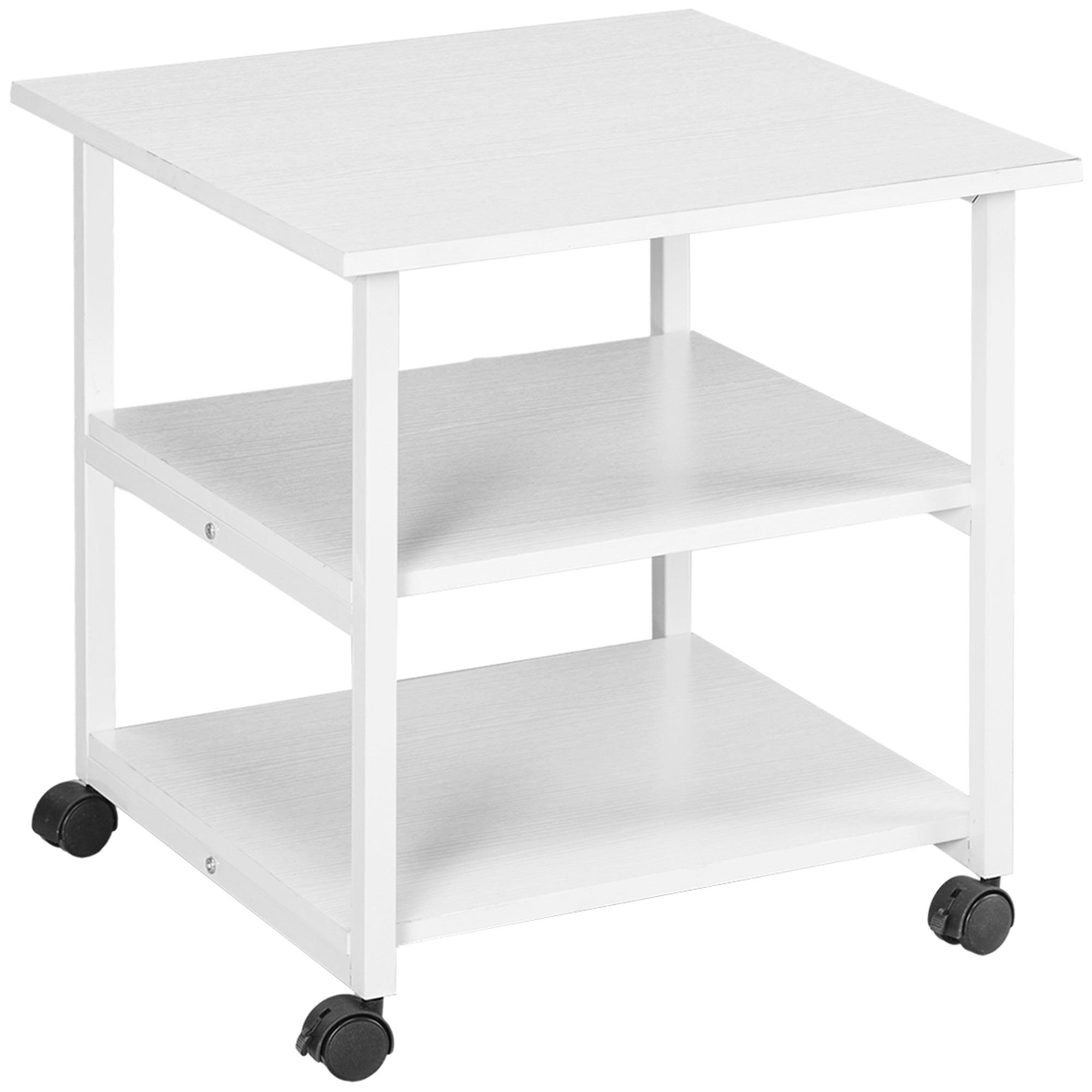 Suporte para Impressora de 3 Níveis com Rodas e Prateleiras de Arrumação 50x50x52,5 cm Branco
