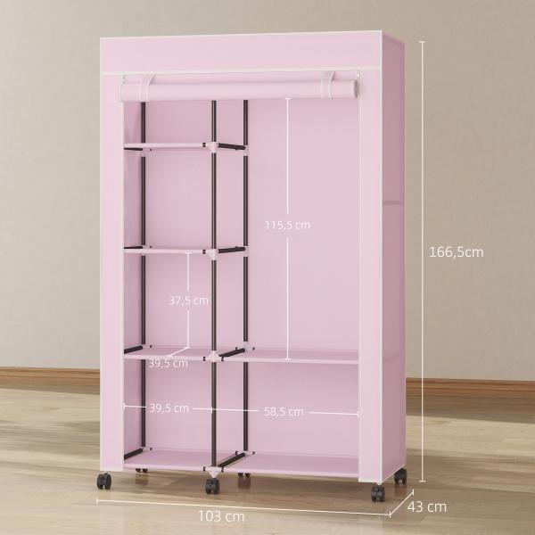 Roupeiro de Tecido Dobrável com 6 Prateleiras 1 Barra de Pendurar e Rodas para Dormitório Vestidor 103x43x162,5 cm Rosa
