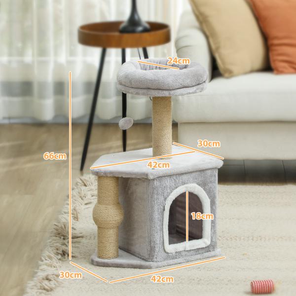 Arranhador para Gatos com Cama Caverna Plataforma Bola Suspensa e Poste de Juta 42x30x66 cm Cinza e Bege