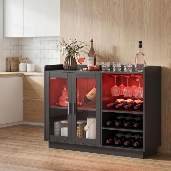 Móvel de Bar com Luzes LED RGB e Porta - Garrafas para 12 Garrafas Armário Buffet para Vinhos para Sala de Jantar Sala de Estar Preto