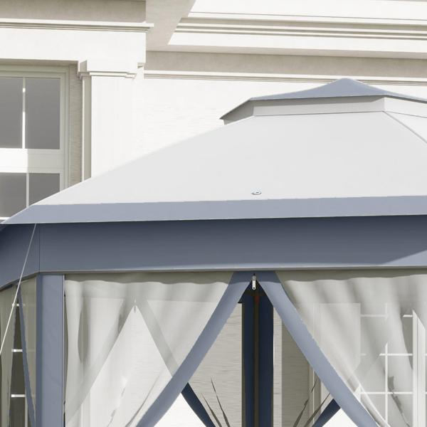 Tenda Dobrável 4x3,4 m Tenda de Jardim Hexagonal com Duplo Tecto 6 Mosquiteiras Destacáveis e Saco de Transporte Cinzento
