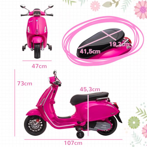 Moto Elétrica para Crianças com Licença Vespa 6V com USB MP3 Luz LED Rádio FM Velocidade 3 km/h 107x47x73 cm Rosa