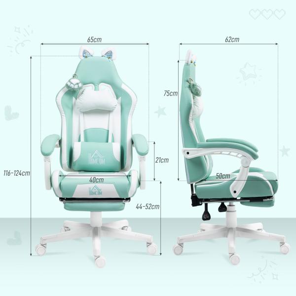 Cadeira Gaming com Orelhas Cadeira Gamer Reclinável com Altura Ajustável e Suporte Lombar 65x62x116 - 124 cm Azul Claro
