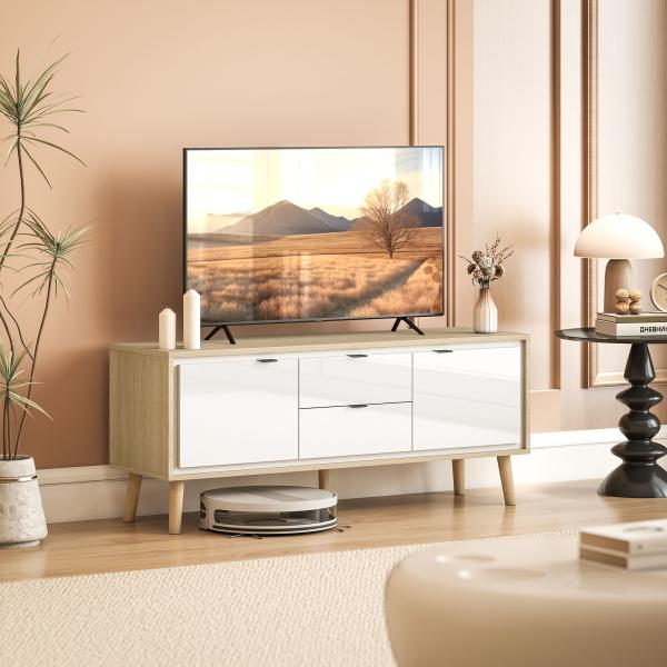 Móvel de TV Moderno para Sala com 2 Gavetas para Televisão 55 Polegadas 120x35x50 cm Branco Brilhante e Carvalho