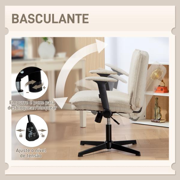 Cadeira de Escritório com Apoios de Braço Rebatíveis Assento Altura Ajustável Função Basculante 76x70x85 - 97 cm Creme