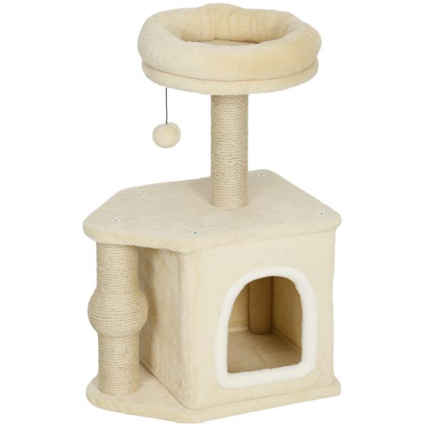 Arranhador para Gatos com Cama Caverna Plataforma Bola Suspensa e Poste de Juta 42x30x66 cm Marrom e Bege