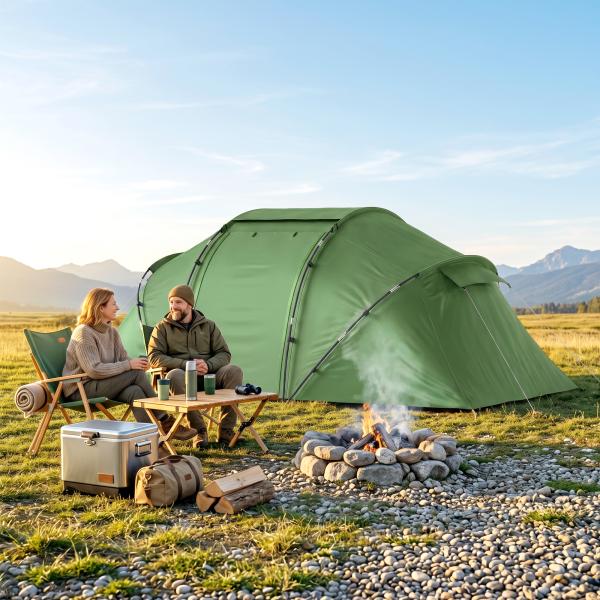 Tenda de Campismo Familiar para 4 Pessoas Tenda Dobrável Impermeável para Praia Parque 430x240x170 cm Verde