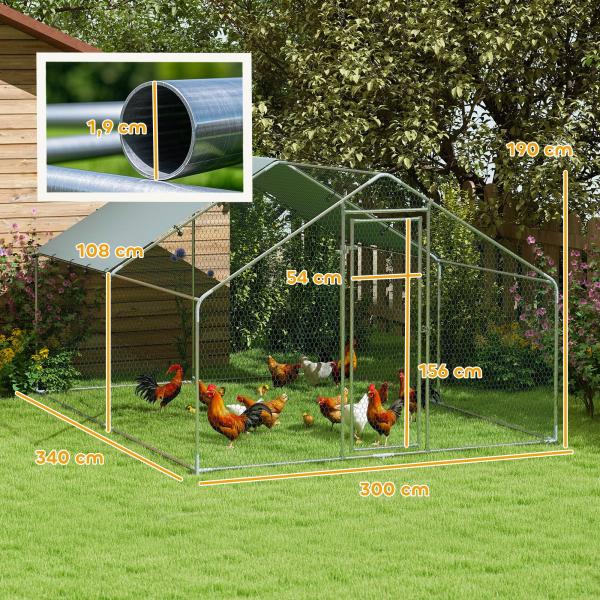 Galinheiro para Exterior 3x3,4x1,9 m Galinheiro de Aço Galvanizado com Cobertura Anti - UV Gaiola para 10 - 15 Galinhas Prata