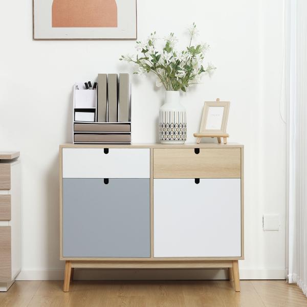 Aparador Auxiliar Móvel de Armazenamento com 2 Armários Fechados e 2 Gavetas Pés Elevados de Madeira de Pinho para Cozinha Dormitório Entrada 100x40x79,5cm Branco Cinza Madeira