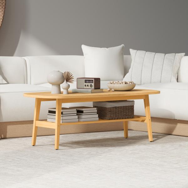 Mesa de Centro de 2 Níveis Moderna com Prateleira Aberta Inferior e Pernas de Madeira de Borracha 120x60x42 cm Madeira