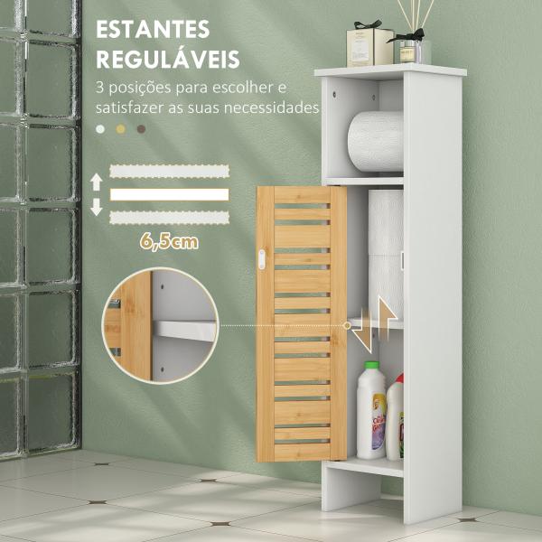 Coluna Casa de Banho Moderna Móvel Auxiliar Casa de Banho com Suporte para Papel Higiénico 21x17x78 cm Branco e Madeira