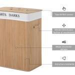 Cesto de Roupa de Bambú Capacidade de 100L Cesta para Roupa Suja Retangular com Tampa Removível Bolsa com 2 Compartimentos 52x32x63cm Bambú