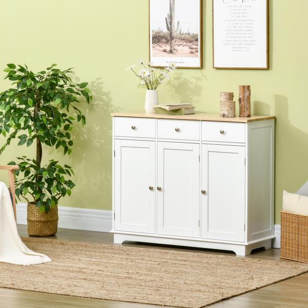 Aparador de Cozinha com 3 Gavetas 3 Portas e Prateleiras Ajustáveis Móvel Auxiliar de Armazenamento 101x40x85 cm Branco