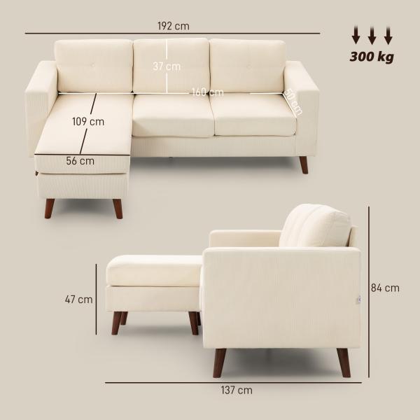 Sofá Chaise Longue Reversível de 3 Lugares Estofado em Veludo Estrutura de Aço Para Salas Pequenas Creme