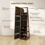 Joalheiro de Pé Armário para Jóias 360° com Fechadura e Espelho Incorporado Carga Máxima 20 kg 38x38x160 cm Marrom Rústico