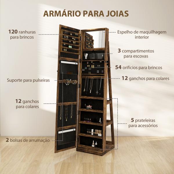 Joalheiro de Pé Armário para Jóias 360° com Fechadura e Espelho Incorporado Carga Máxima 20 kg 38x38x160 cm Marrom Rústico