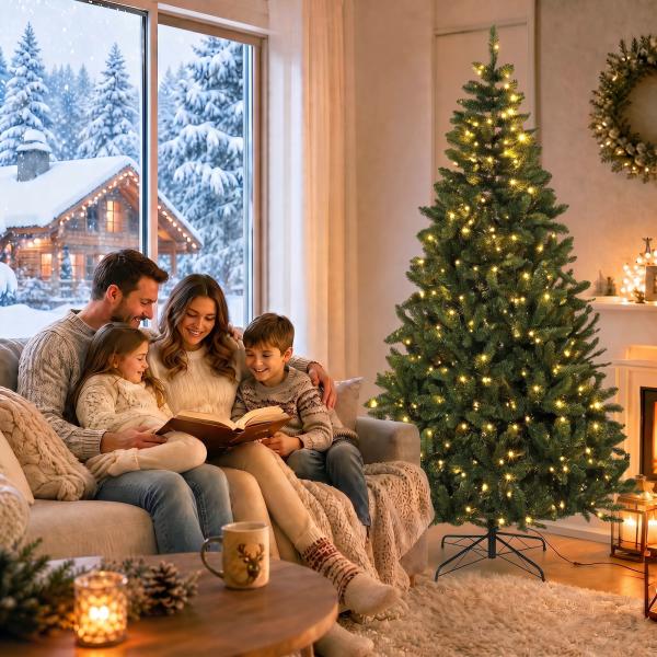 Árvore de Natal 210 cm com 350 Luzes LED, 11 Modos, Controlo Remoto e Base Dobrável em Aço, Verde