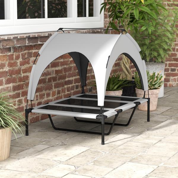 Cama Elevada para Cães com Toldo Estrutura de Aço e Bolsa de Transporte para Interior e Exterior 106x76x94 cm Cinzento Claro