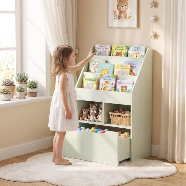 Estante de Madeira para Brinquedos com 3 Compartimentos 2 Prateleiras e Gaveta Móvel com 4 Rodas 60x29,9x90 cm Verde