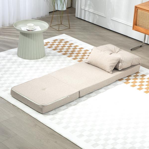 Sofá - Cama Individual Dobrável Estofado em Linho com Encosto Ajustável 5 Posições e 1 Almofada Bege
