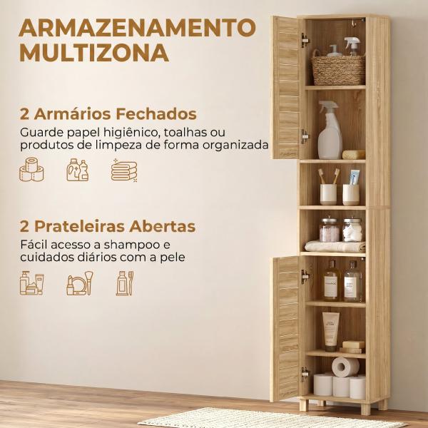 Coluna Casa de Banho Armário Alto de Casa de Banho com Prateleiras Ajustáveis Portas de Ripas Abertura por Pressão 34x23x170 cm Madeira