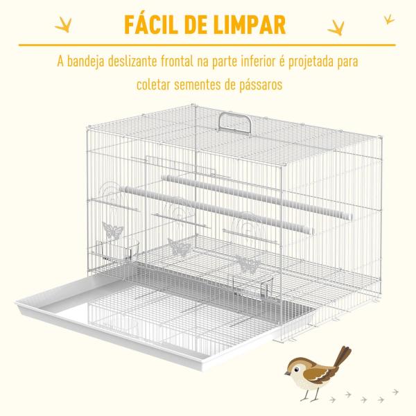 Gaiola para pássaros 60x41x41cm Aviário com 2 poleiros e 3 portas para pássaros pequenos Canários Papagaios de metal branco