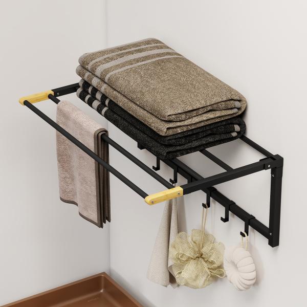 Toalheiro de Parede Dobrável com 5 Barras e 6 Ganchos Suporte para Toalhas para Casa de Banho Dobrável e Compacto 60x32,5x20 cm Preto