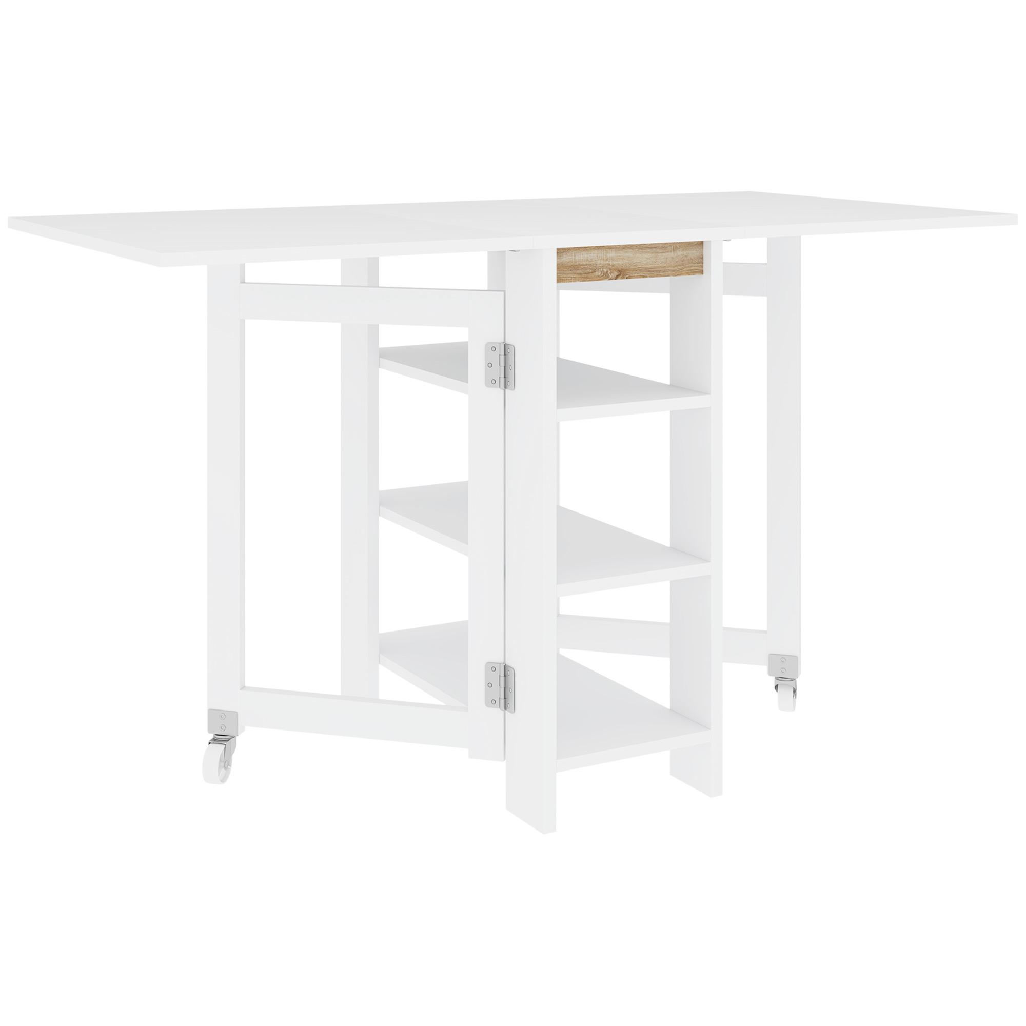 Mesa Dobrável com Asas Dobráveis Mesa de Cozinha com 2 Rodas e Prateleiras Estilo Moderno 120x60x75 cm Branco