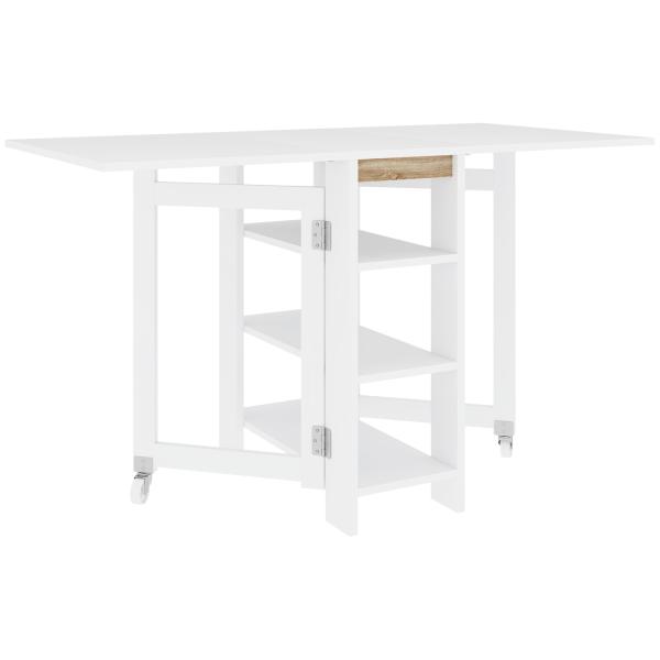 Mesa Dobrável com Asas Dobráveis Mesa de Cozinha com 2 Rodas e Prateleiras Estilo Moderno 120x60x75 cm Branco