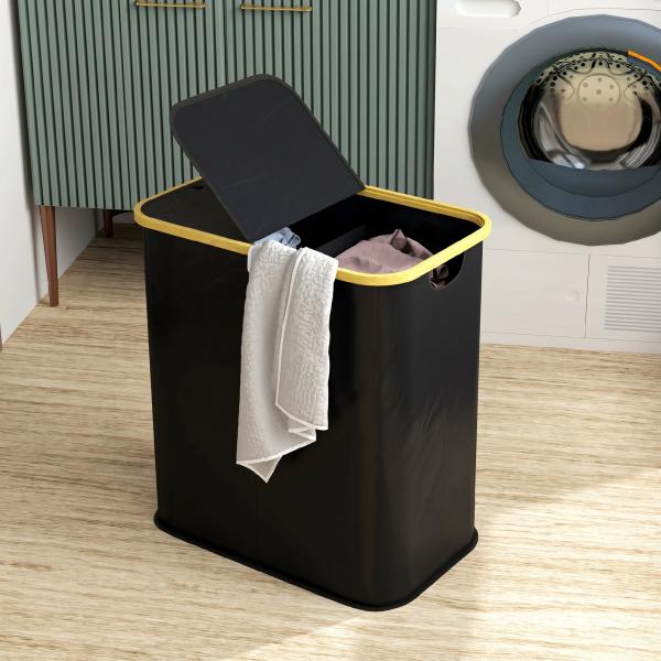 Cesto para Roupa Suja Dobrável com Tampa 80 L em Tecido não Tecido, 2 Compartimentos, Preto