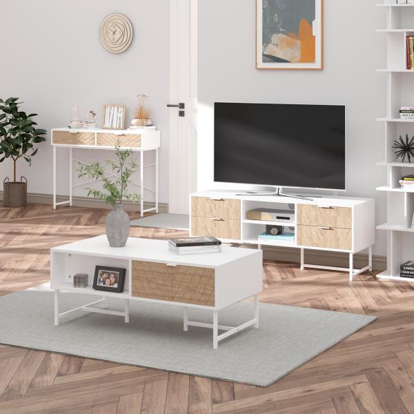 Mesa Consola 100x30x75cm Mesa de Entrada Moderno com 2 Gavetas de Armazenamento e Estrutura de Metal para Corredor Sala de Estar Branco