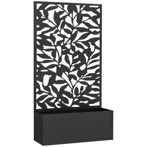 Floreira Elevada com Painel de Privacidade de Folhas Decorativas de Metal e Opção de Montagem na Parede 61x23x113 cm Preto