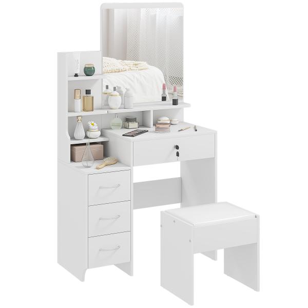 Toucador de Maquilhagem com Banco Espelho 4 Gavetas 4 Compartimentos de Armazenamento Estilo Moderno 80x38x143cm Branco