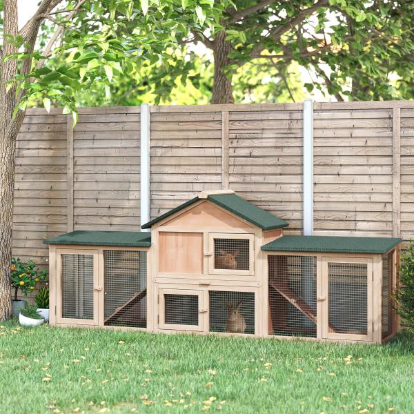 Coelheira de Exterior Grande Gaiola de Madeira para 2 - 4 Coelhos com Teto Asfáltico Recinto de Arame Bandeja Removível e Rampas 210x45,5x84,5 cm Natural