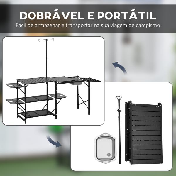 Mesa de Campismo de 3 Níveis Dobrável com Prateleiras de Armazenamento Suporte para Candeeiro e Bolsa de Transporte 173x52x80 - 174 cm Preto